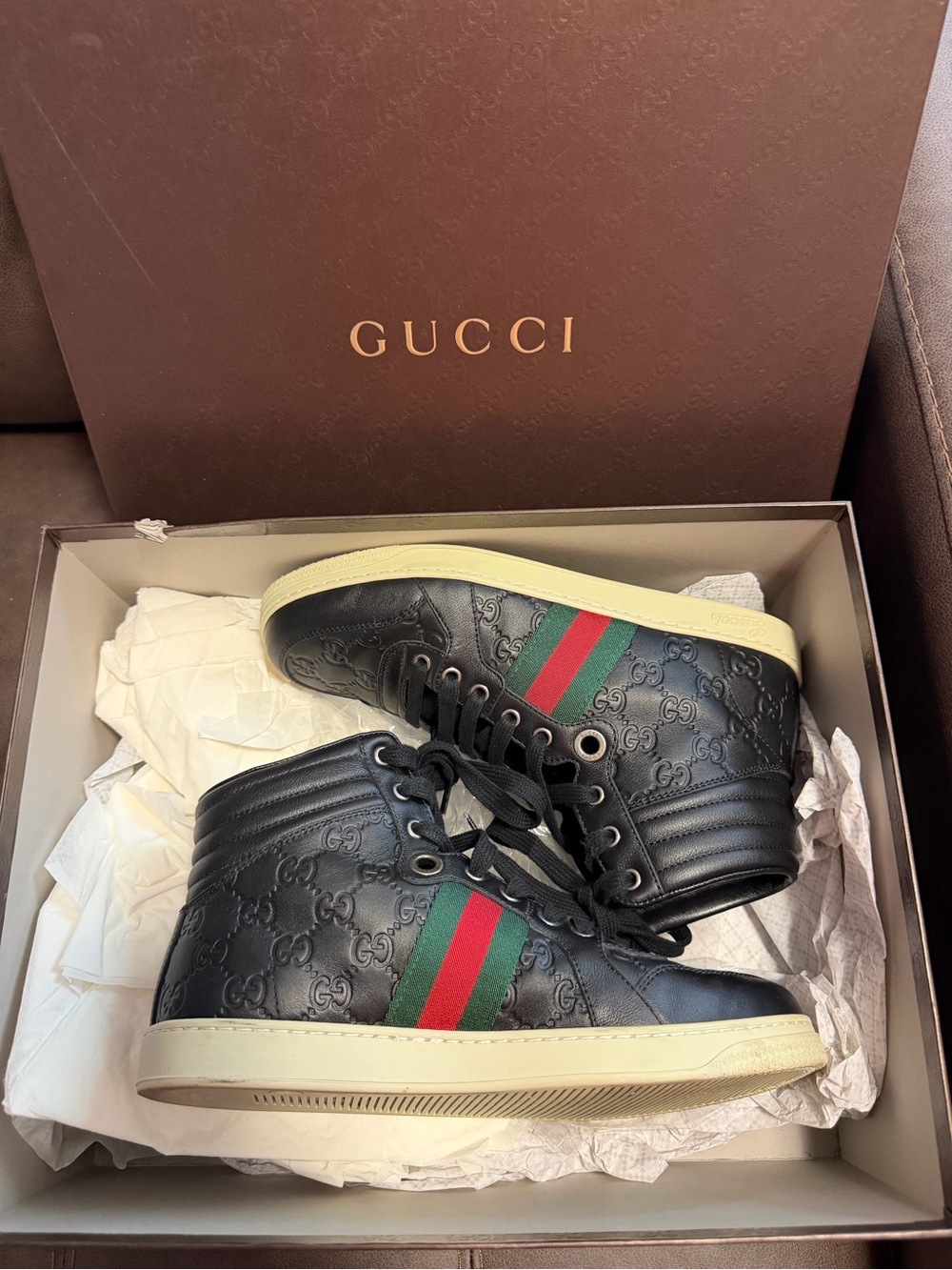 Gucci GG Guccissima Unisex Sneakers Shoes Leather Black 221825 Size 6 G